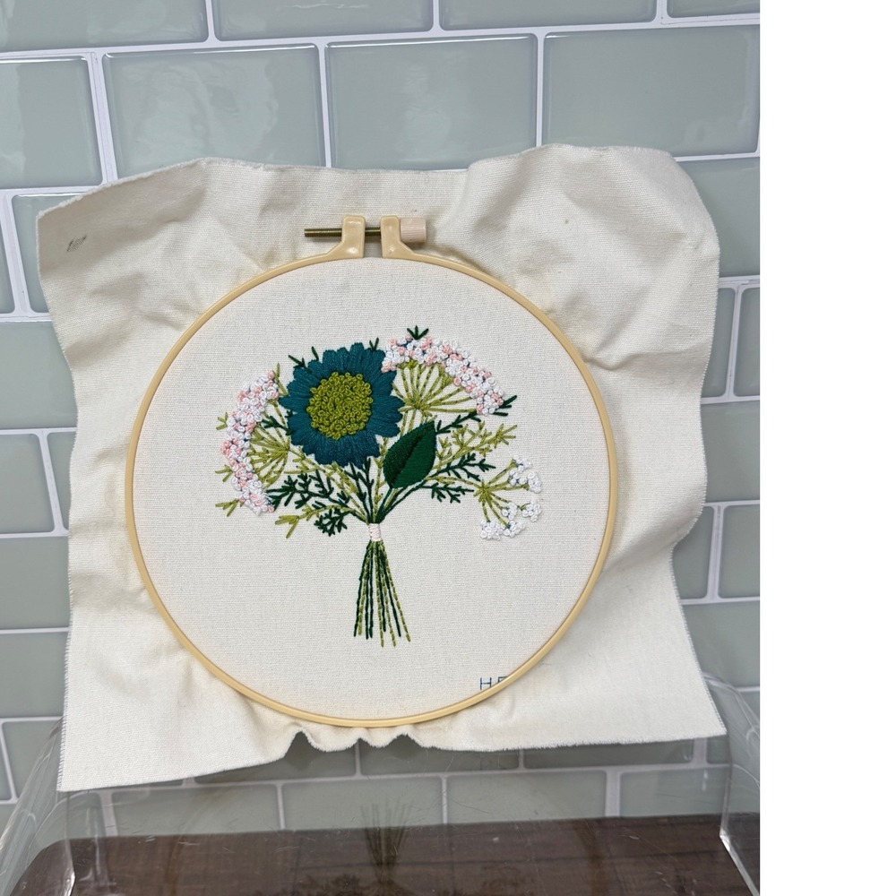 Hand-Embroidered Floral Bouquet Hoop Art - Textured Needlepoint - 7.5" Round